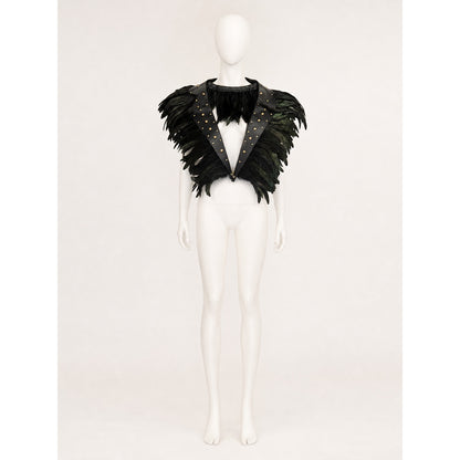 Halloween Costume Accessory Black Feather Trim Collar with Gold Studs Pointed Lapel, Metal Connector, 1pc Collar Accessory for Role Play Party