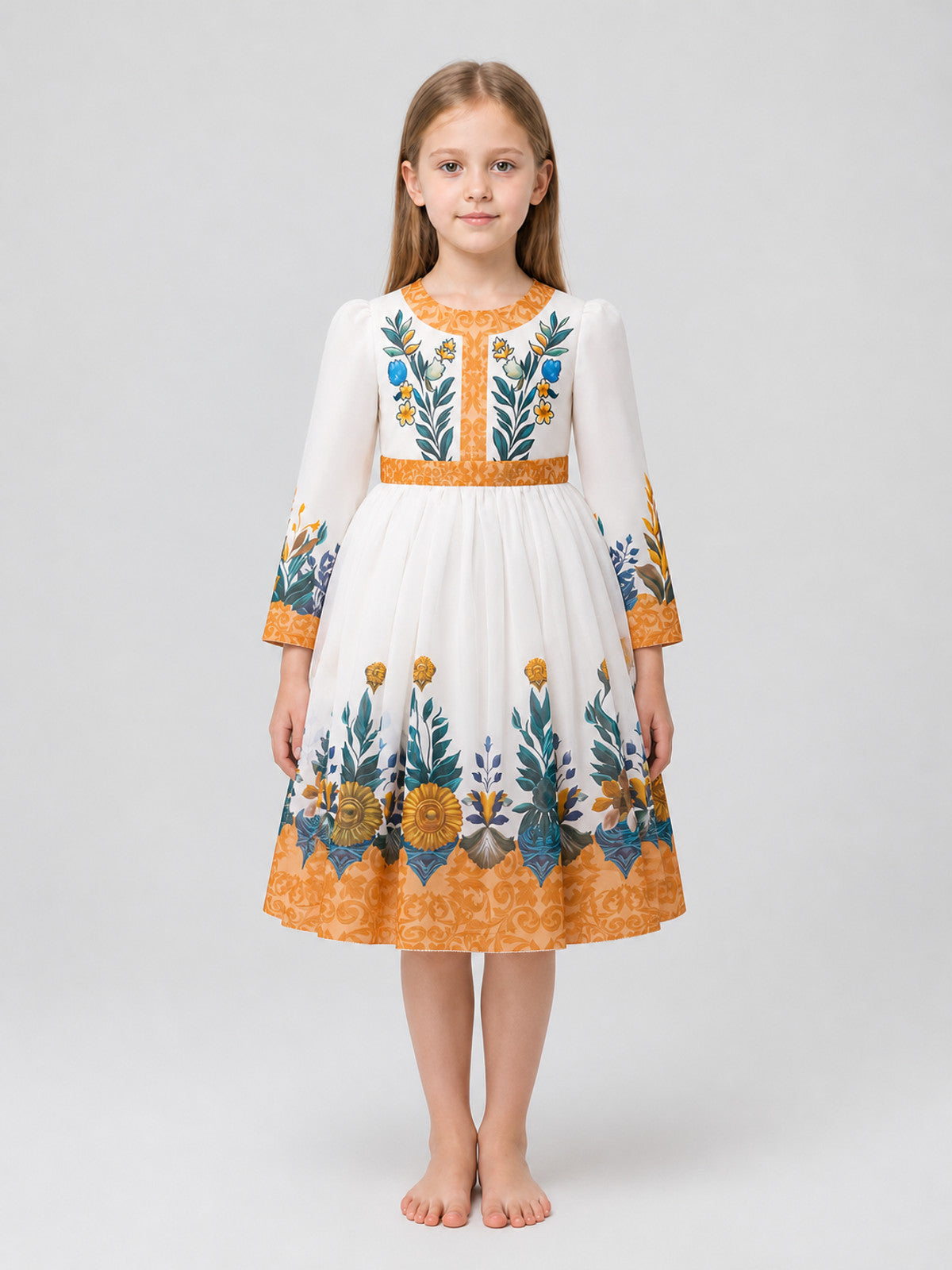 Girls' Floral Print Dress, Long Sleeves