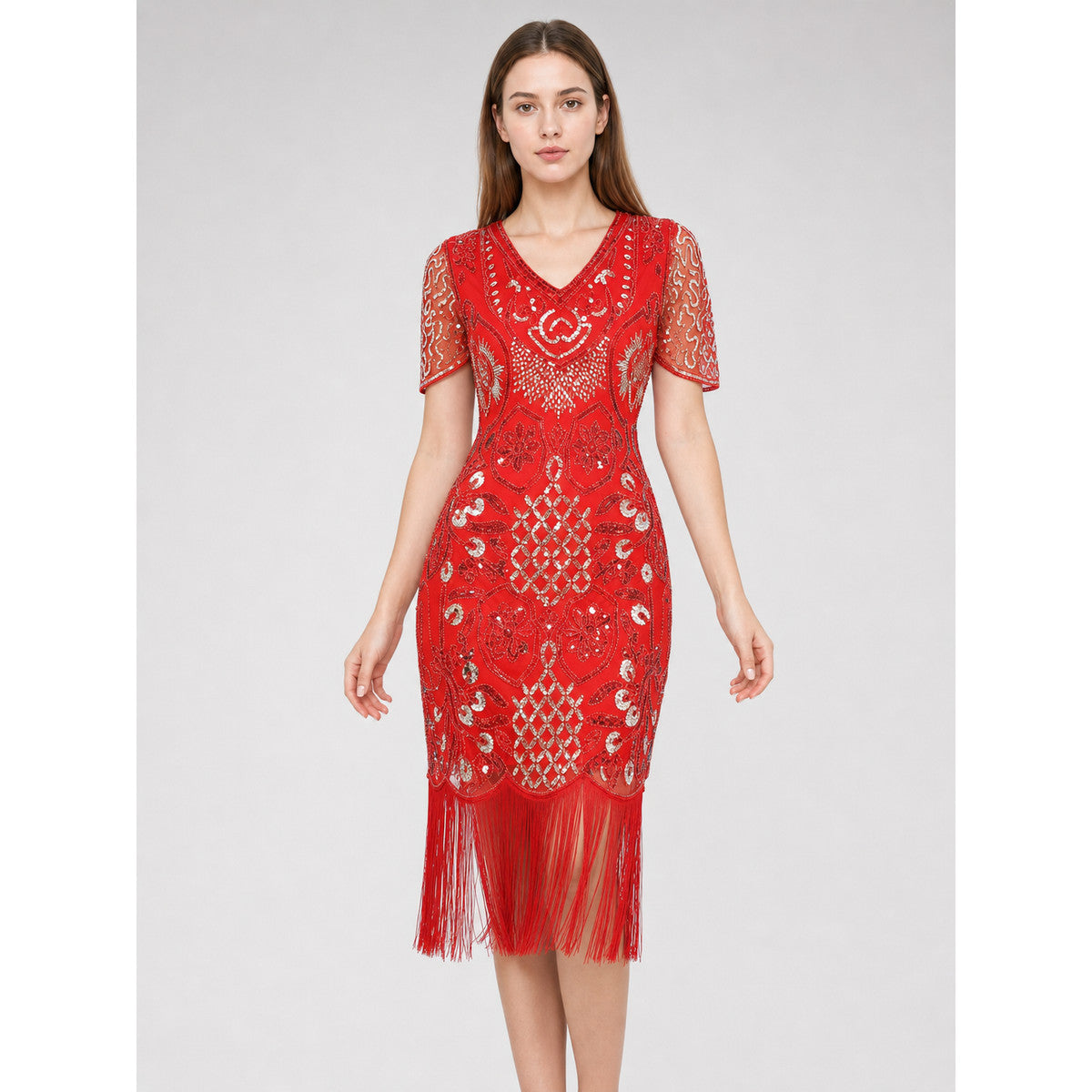 Retro-Style Cocktail Dress with Sequins and Fringe front view