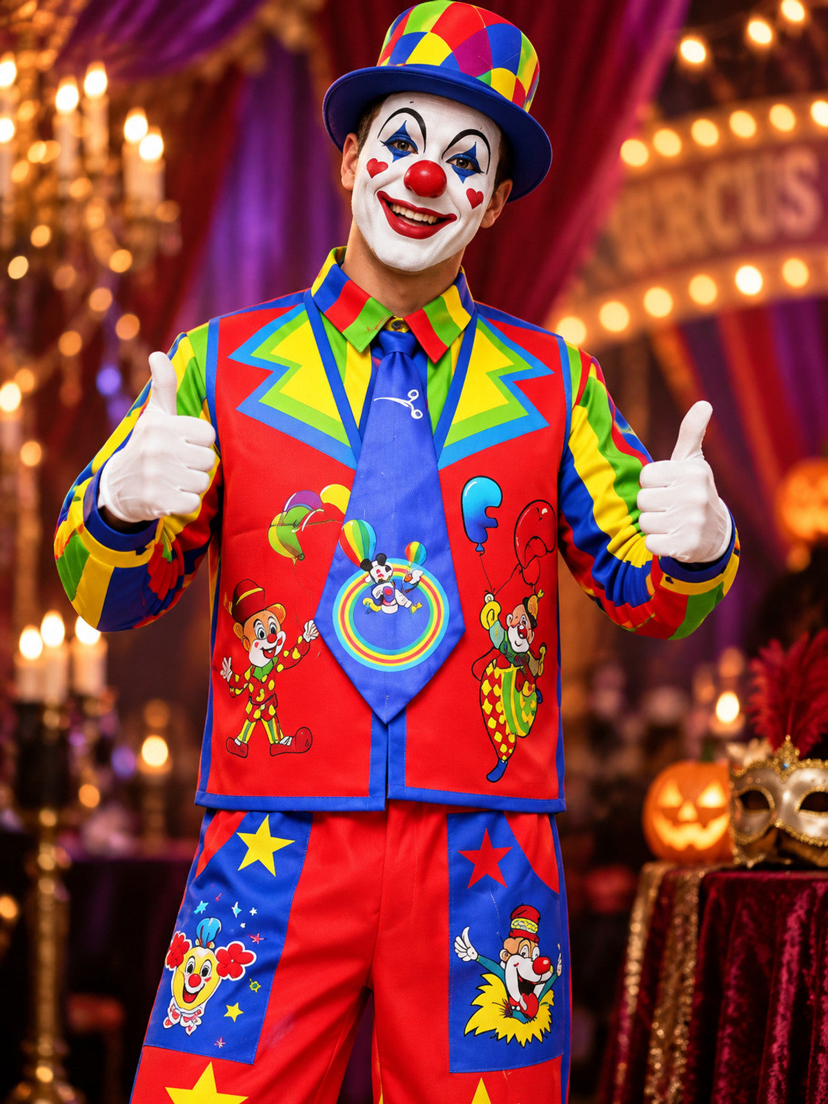 Multicolor Clown Costume with Vest, Bow Tie, and Hat