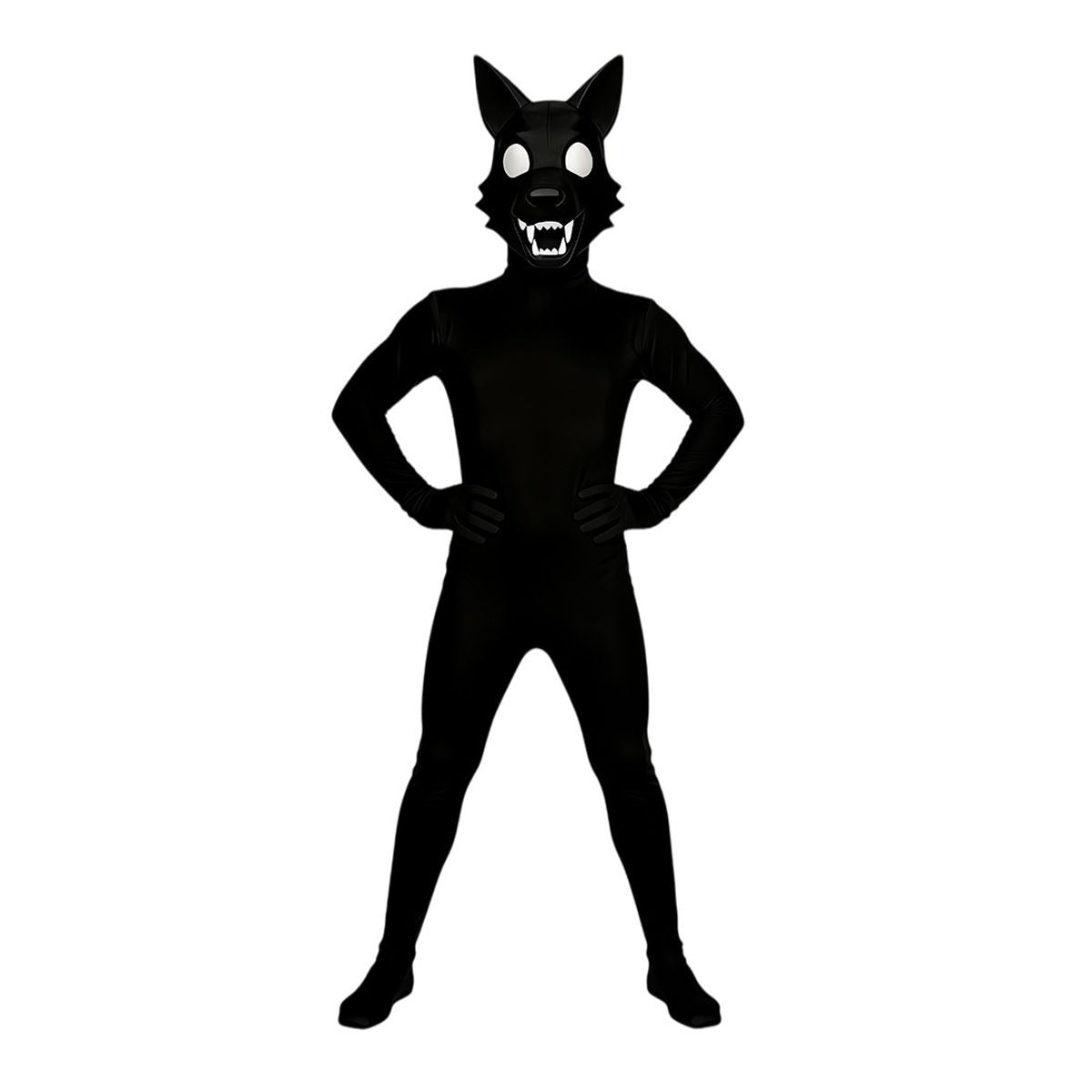Black wolf animal cosplay bodysuit with wolf-head hood, pointed ears, white eyes and teeth, front view on white background