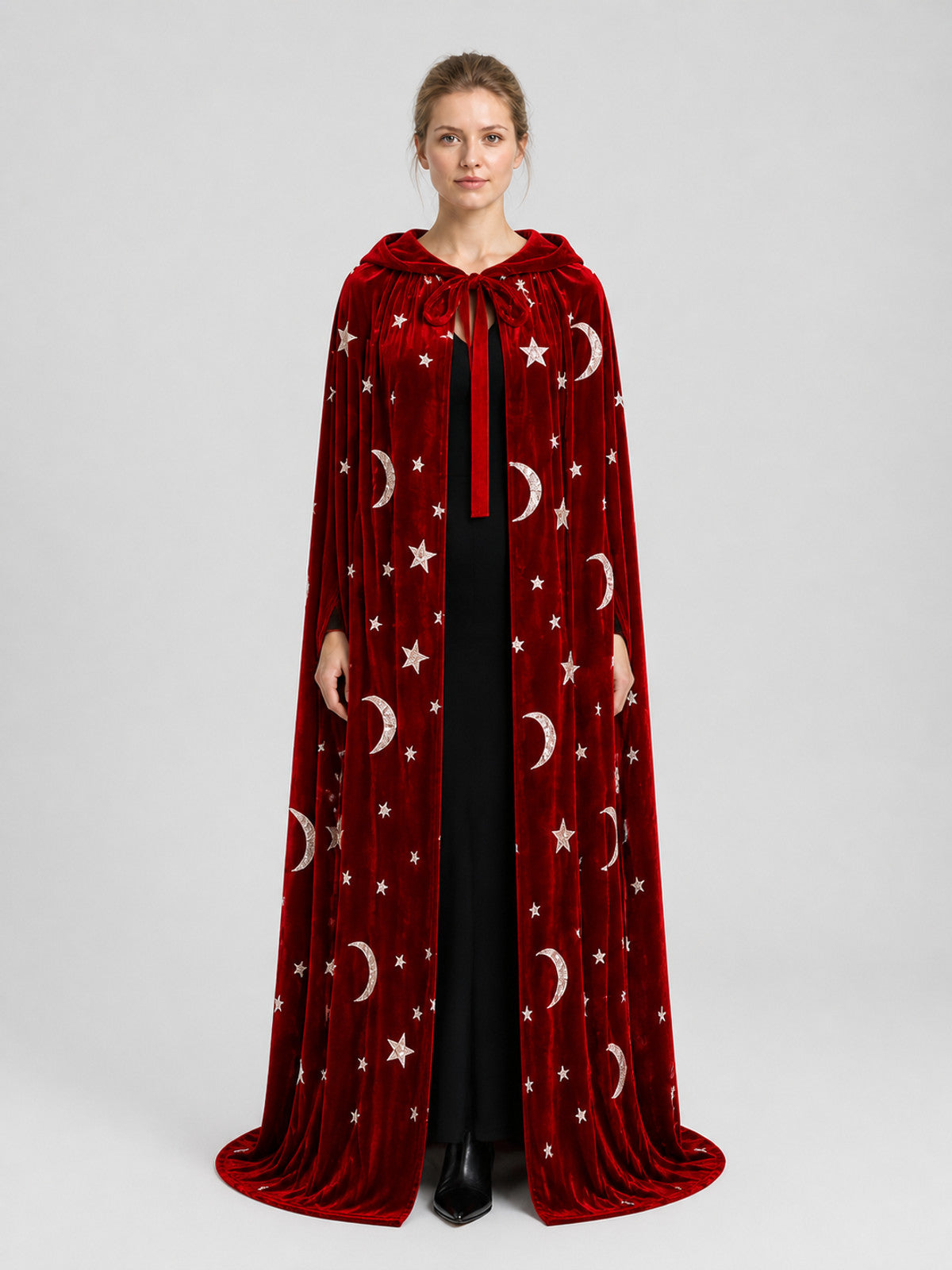 Adult Hooded Cloak with Stars and Moons, Burgundy, Floor-Length on-model view