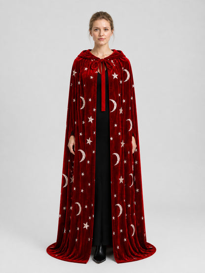 Adult Hooded Cloak with Stars and Moons, Burgundy, Floor-Length on-model view