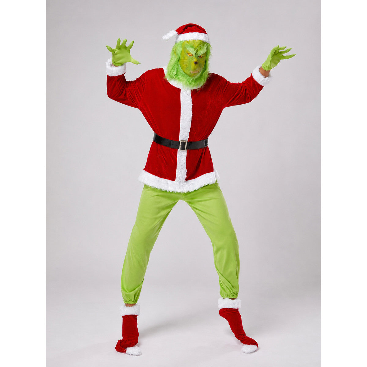 Grinch Costume with Mask and Hat on-model view
