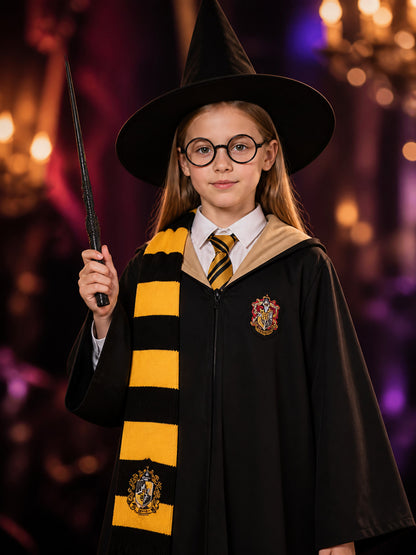 Wizard Robe Costume Set With Pointed Hat, Striped Scarf, Tie, Glasses And Wand on-model view