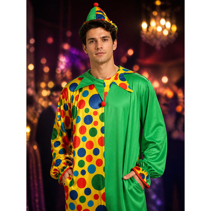 Unisex Adult Clown Jumpsuit Costume with Hat, Polka Dot Print & Color Block on-model view