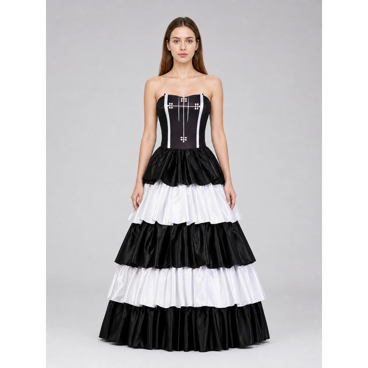 Gothic-Style Dress with Layered Skirt and Hat