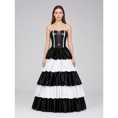 Gothic-Style Dress with Layered Skirt and Hat