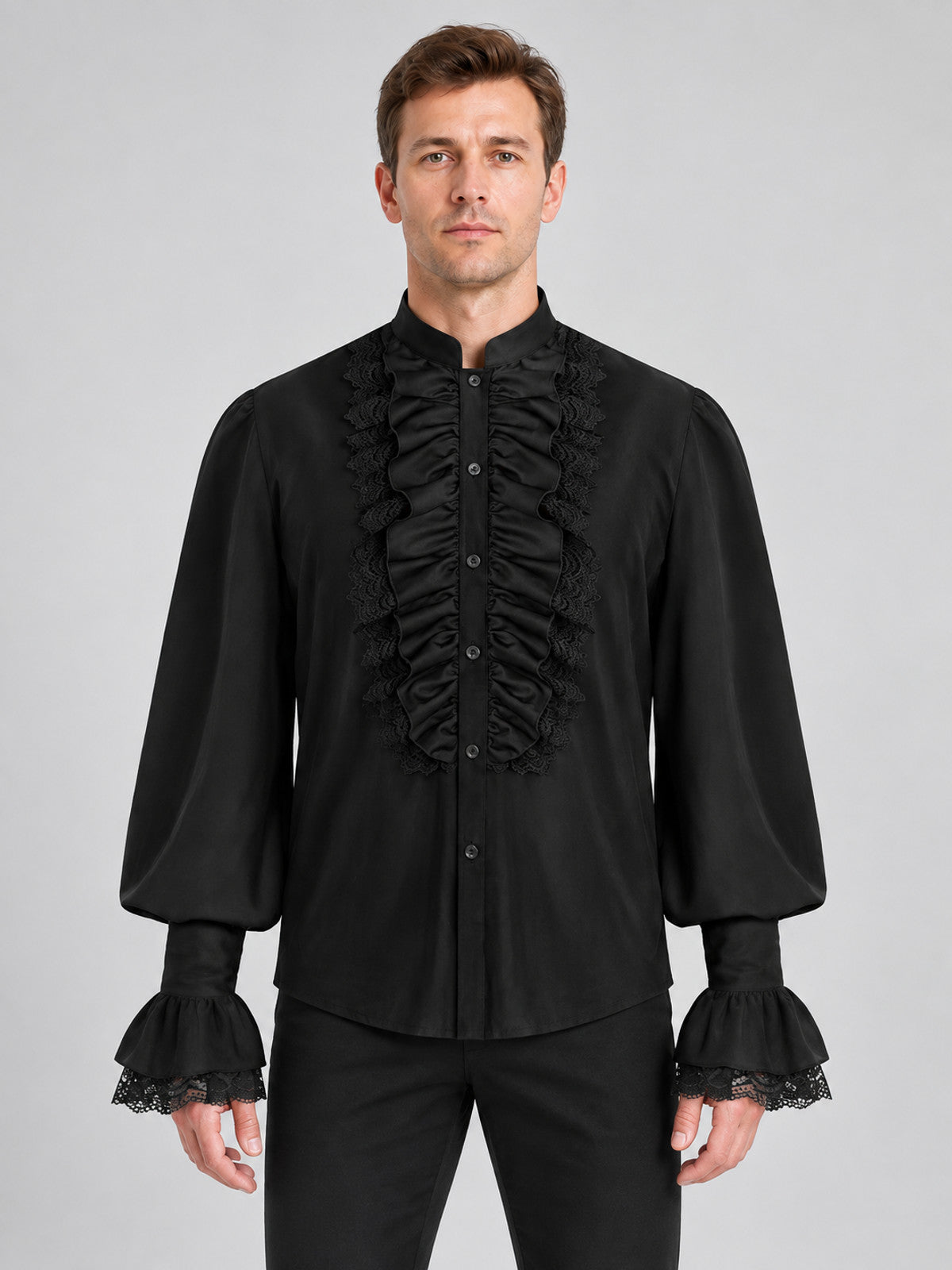 Black shirt with lace trim, ruffles, and flounces
