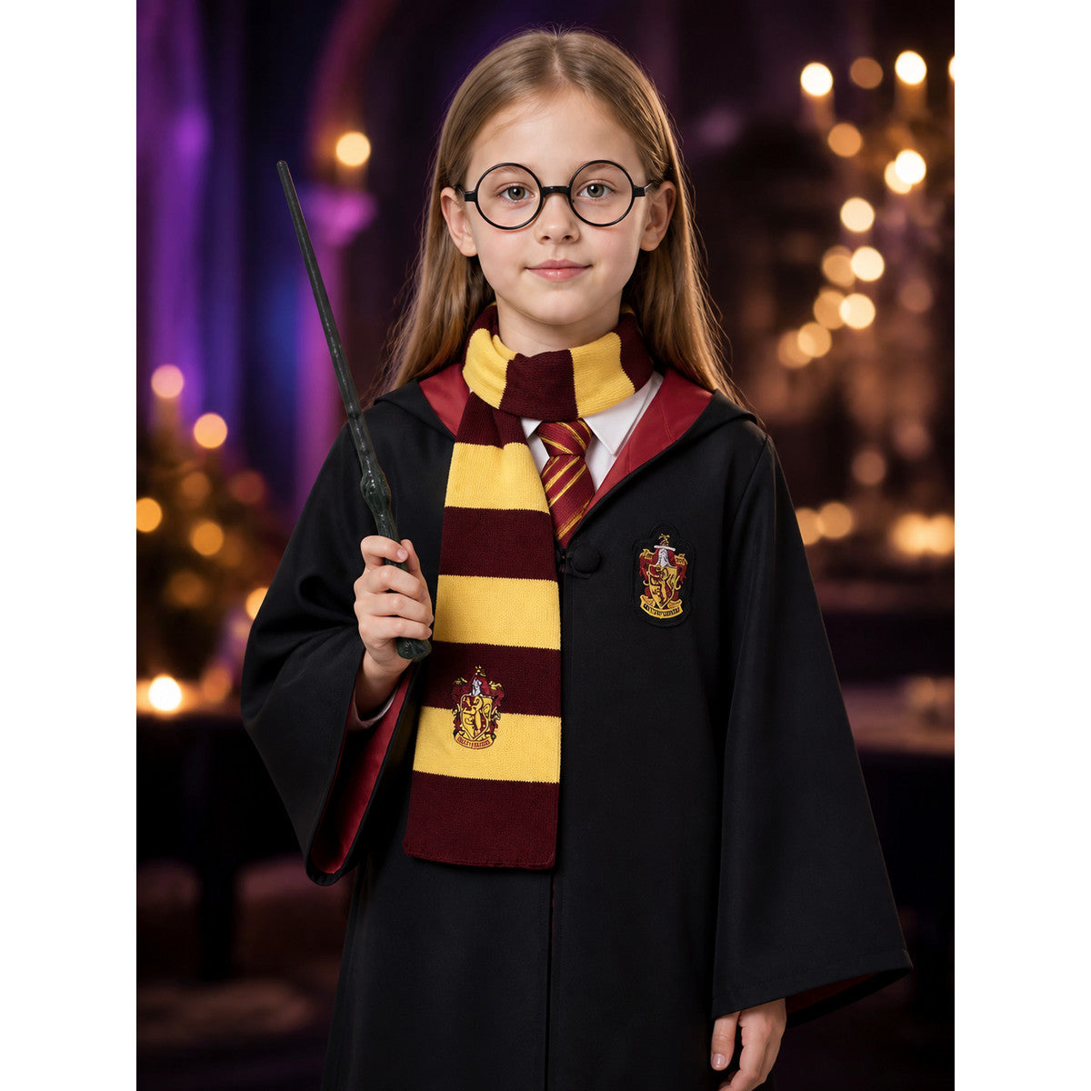 Hooded Black Wizard Robe Costume Set With Scarf, Tie, Wand And Glasses