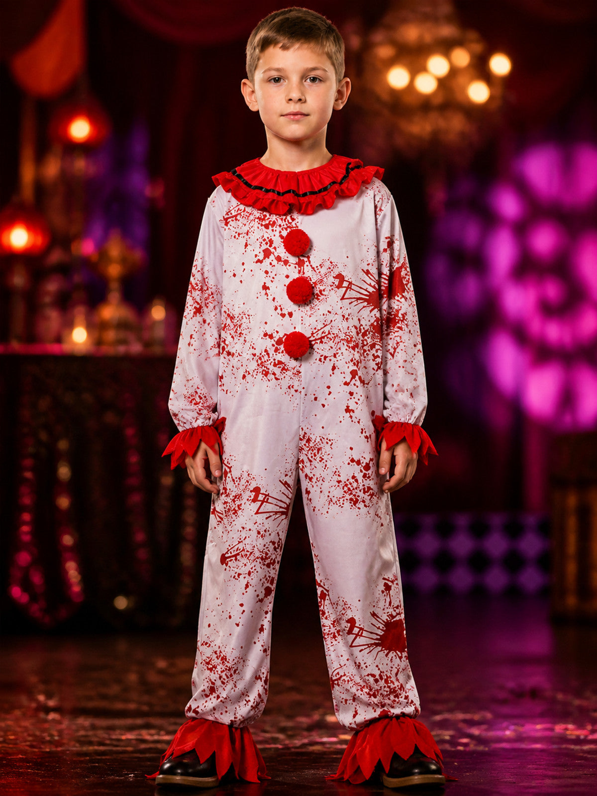 Kids' Scary Clown Bodysuit Costume with Red Ruffles, Halloween Outfit on-model view