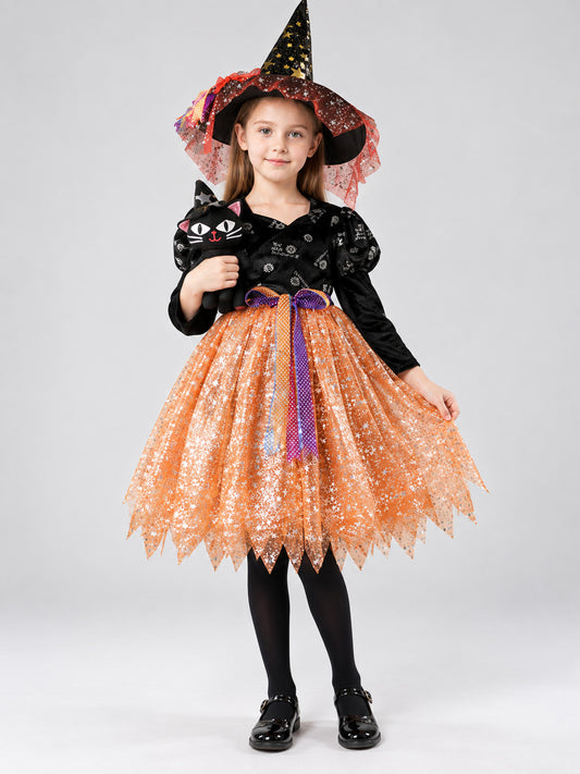 Kids' Witch Carnival Costume with Hat and Cat