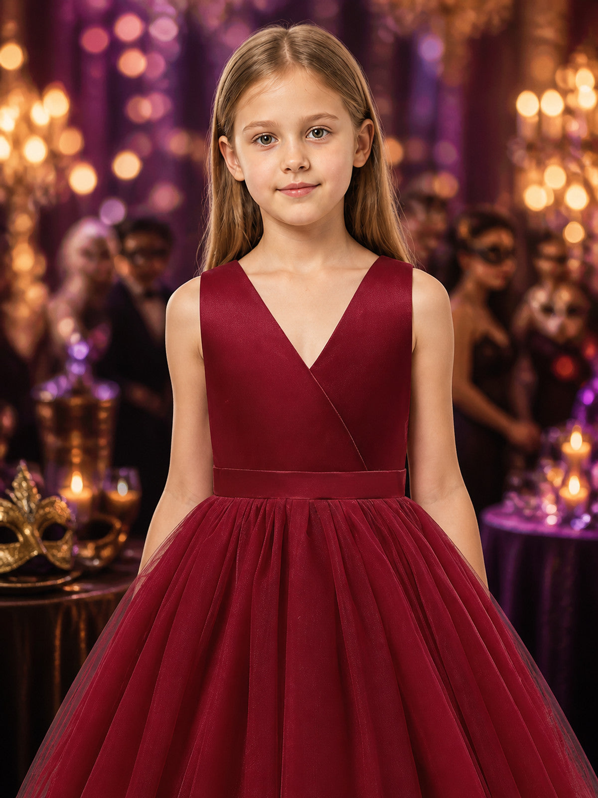 Girls' Maroon Princess Dress, V-Neck Sleeveless Tulle Ball Gown With Bow on-model view