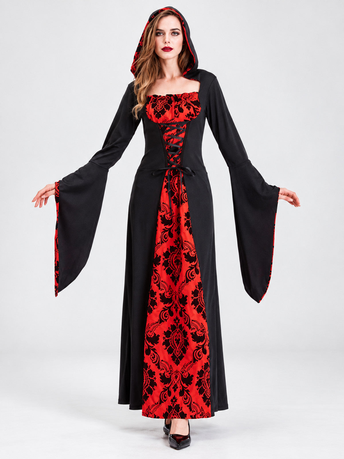 Witch Halloween Costume with Hood and Red Insert