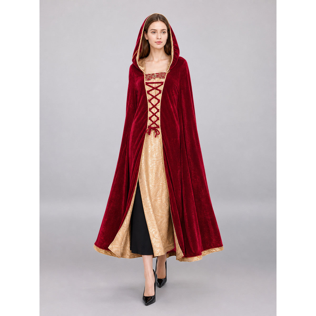 Burgundy carnival hooded cloak for cosplay front view