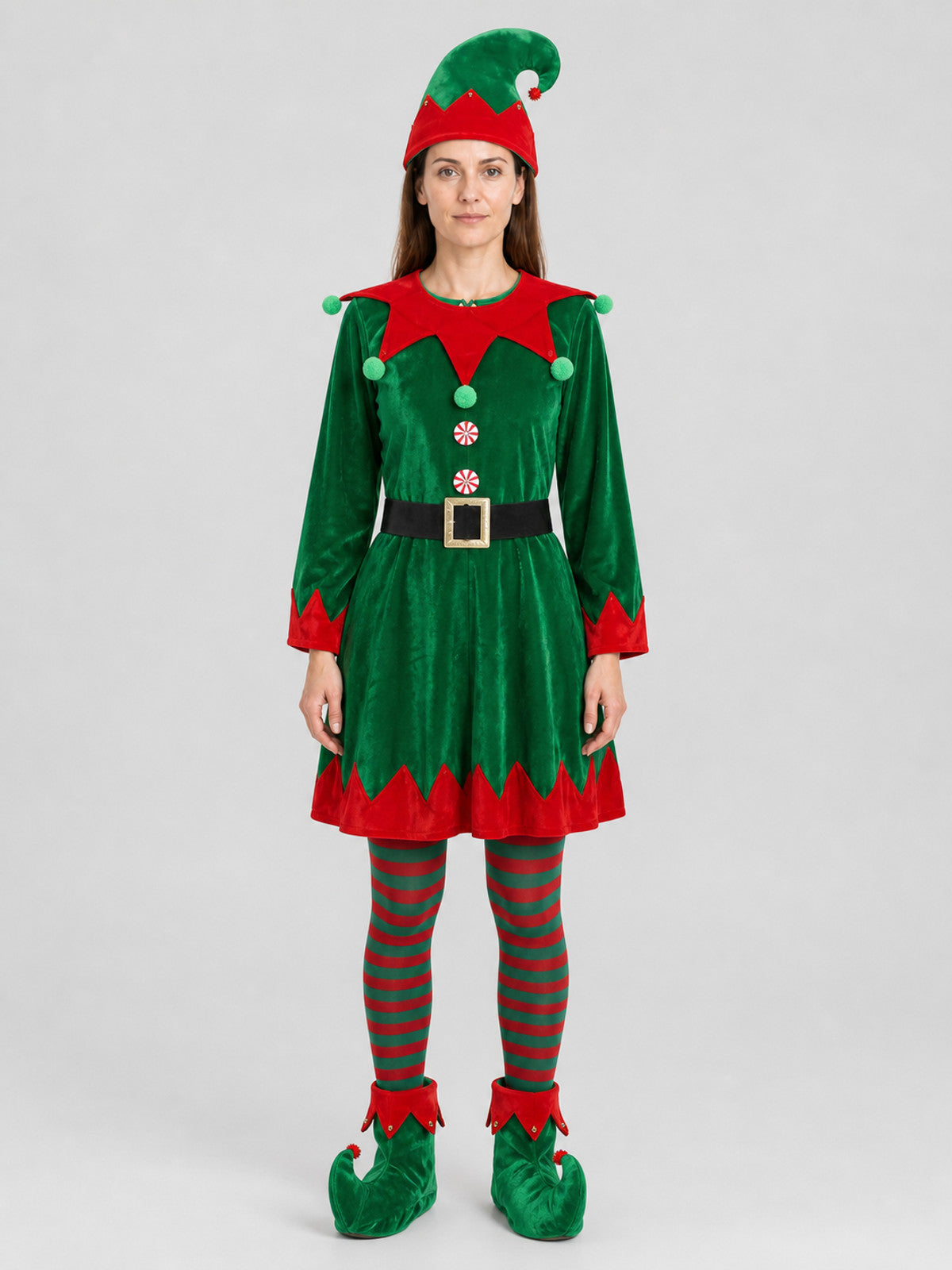 Christmas Elf Costume, Green Dress, Hat, and Belt on-model view