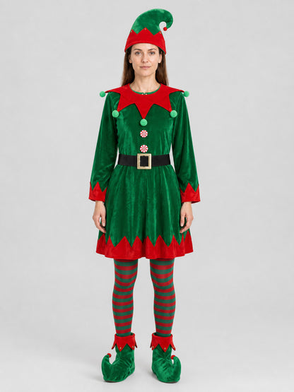 Christmas Elf Costume, Green Dress, Hat, and Belt on-model view