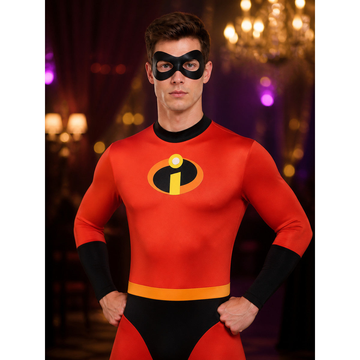 Kids' Red Black Superhero Jumpsuit with Yellow Belt, Halloween Costume on-model view