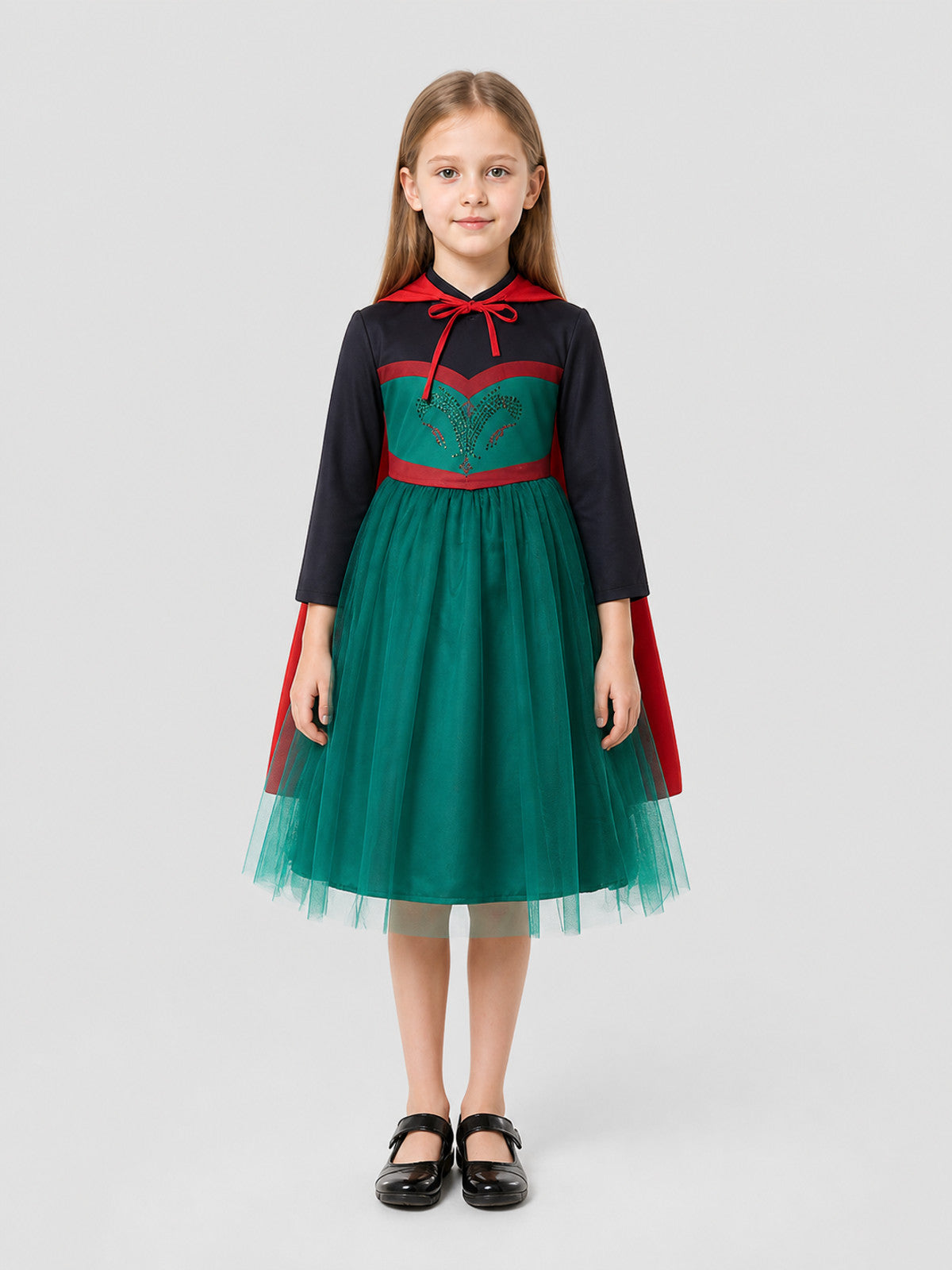 Anna Cosplay Dress, Green, Full Skirt, Cape on-model view