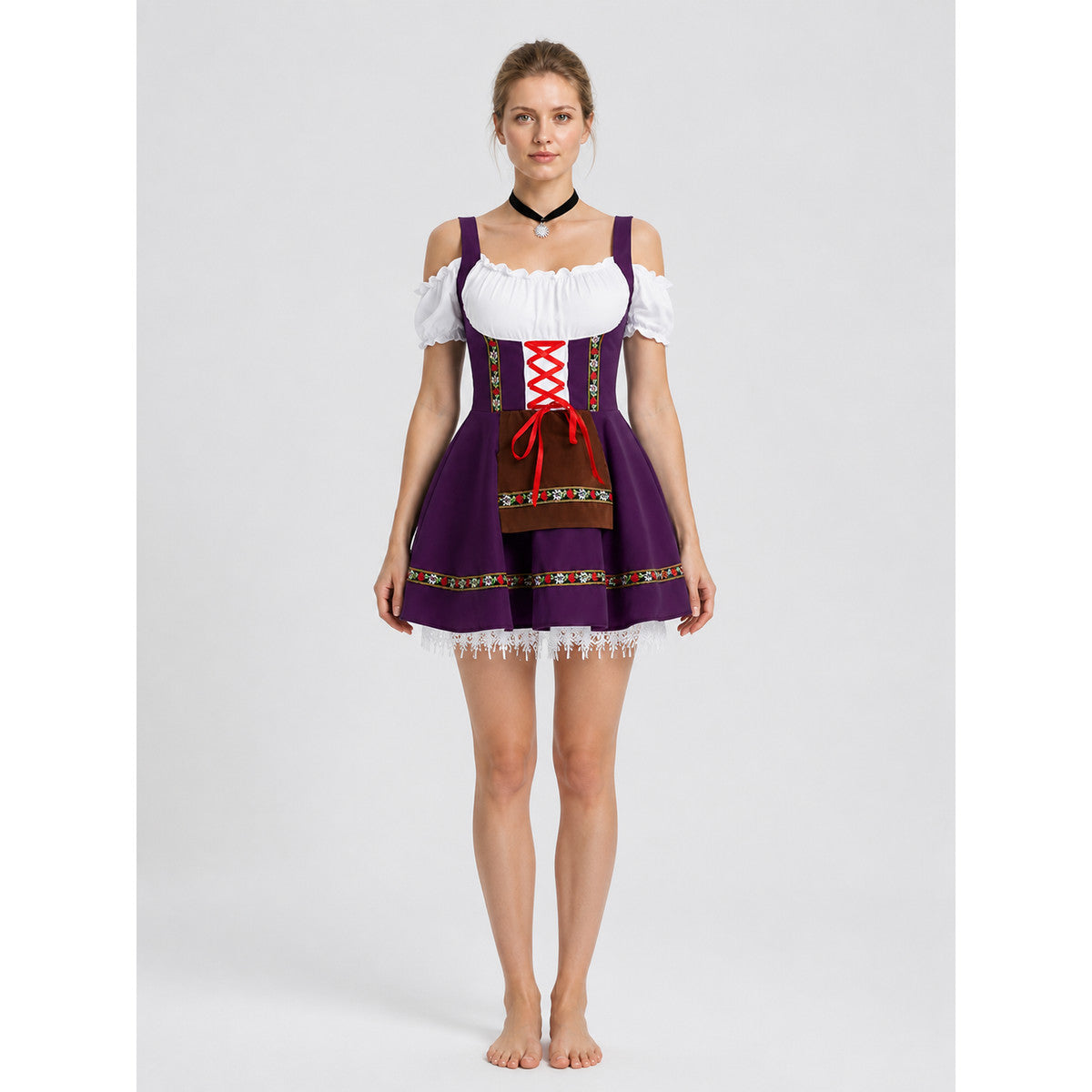 Strappy Cosplay Dress with Apron for Stage on-model view