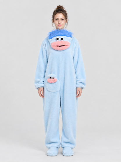 Coral Fleece Pajama Jumpsuit with Cartoon Print