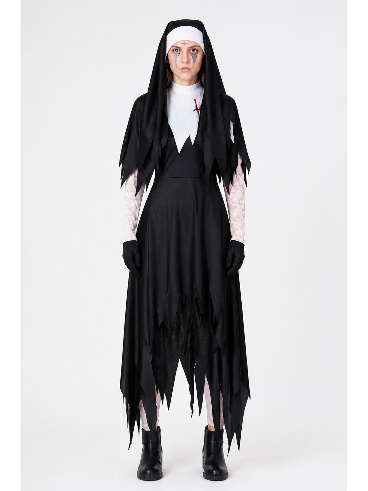 Long Torn Black Nun Costume for Halloween main product view