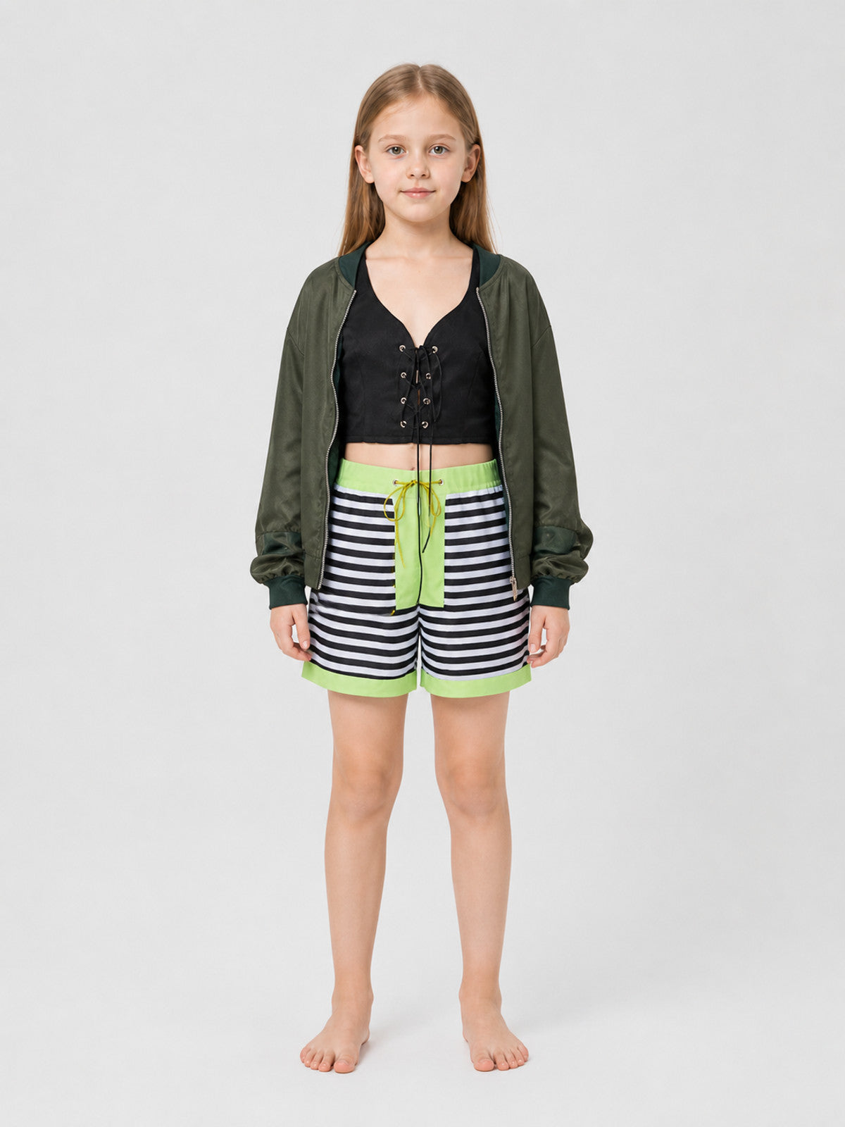 Matilda Cosplay Costume: Olive Jacket, Top, and Shorts on-model view