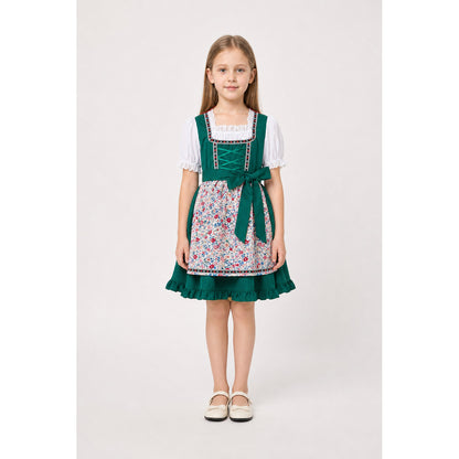 Green Girls’ Dirndl-Style Dress with Apron and Headscarf