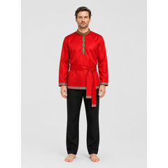 Red Russian Folk Costume with Embroidery and Ties