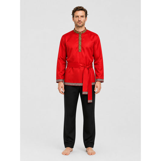 Red Russian Folk Costume with Embroidery and Ties on-model view