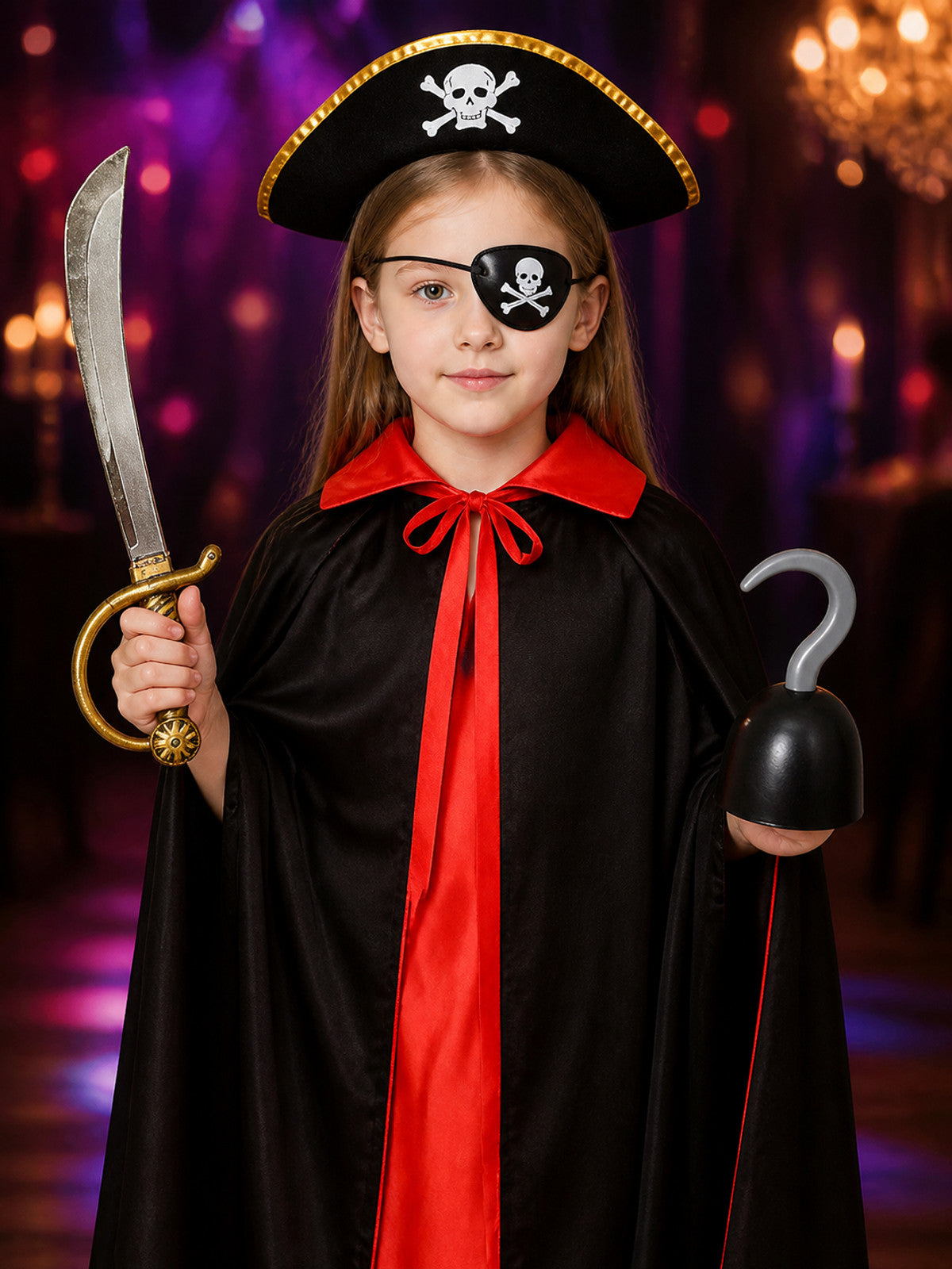 Pirate Costume Set, Black & Red Double-Sided Cape with Skull & Crossbones Hat on-model view