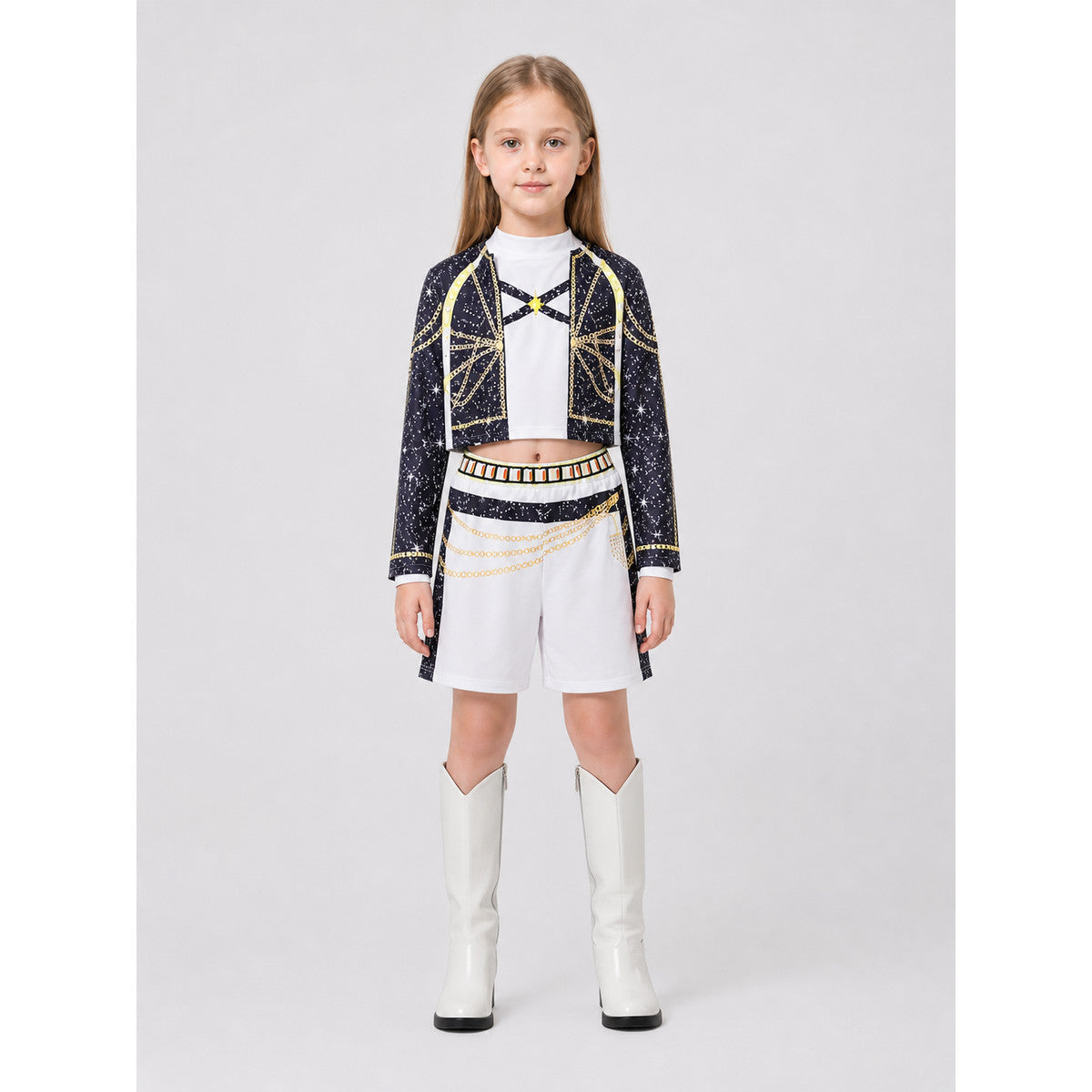 Children’s Demon Hunter Costume, Black, White, and Gold on-model view