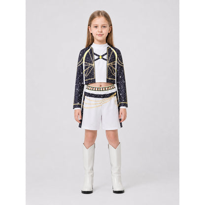 Children’s Demon Hunter Costume, Black, White, and Gold on-model view