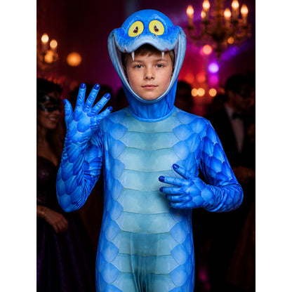 Blue Scaly Monster Hooded Bodysuit Costume with Gloves, Halloween Outfit on-model view