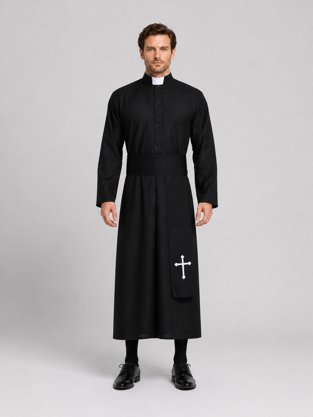 Priest Costume for Role-Playing, Black Cassock with Cross on-model view