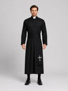 Priest Costume for Role-Playing, Black Cassock with Cross