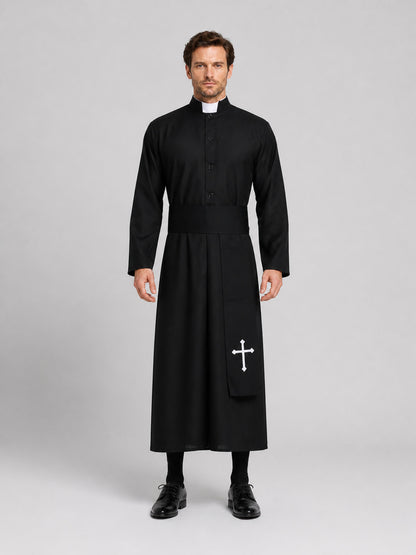 Priest Costume for Role-Playing, Black Cassock with Cross on-model view