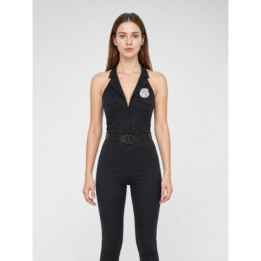Black police uniform-style jumpsuit costume with cap