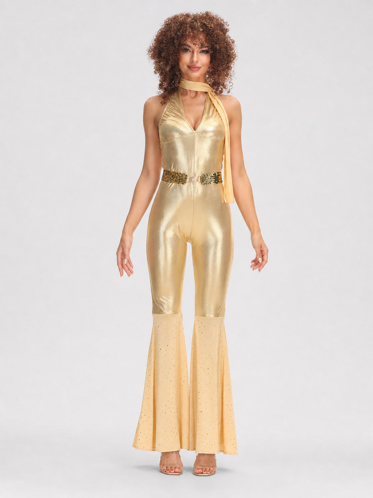 A gold-and-champagne jumpsuit in a retro disco style, suitable for creating an front view
