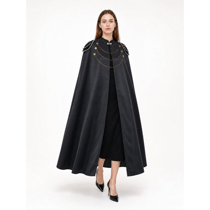 Black Decorative Hooded Costume Cloak front view