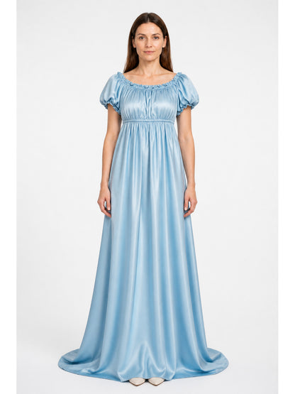 Bridgerton-style dress, light blue, with a train main product view
