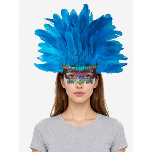Blue Carnival Headpiece with Feathers and Mask