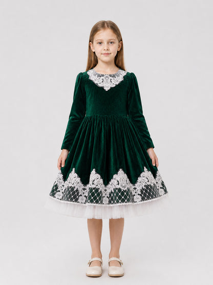 Elegant Long-Sleeve Green Dress with Tulle on-model view