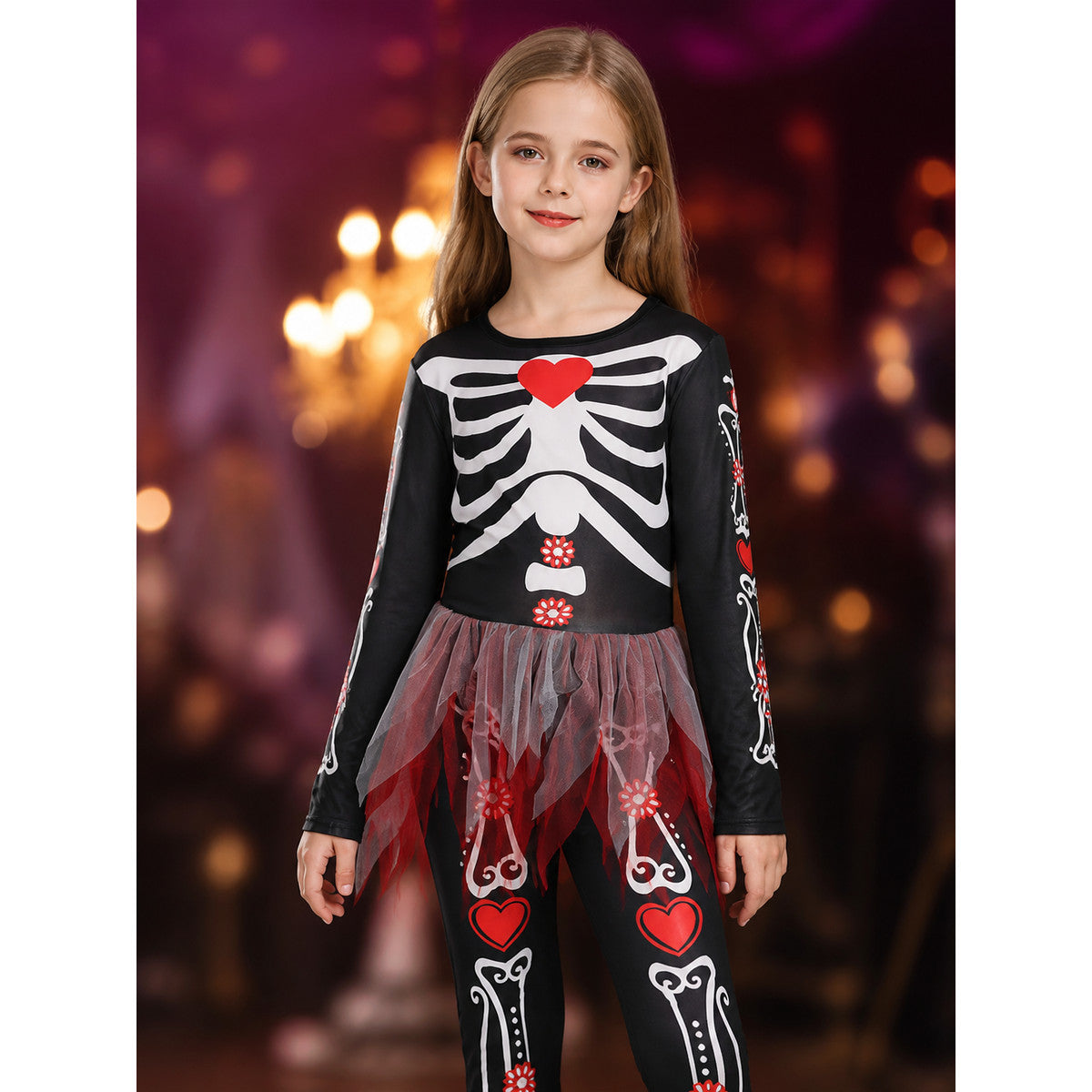 Girls Black Skeleton Jumpsuit With Tulle Skirt Halloween Costume on-model view