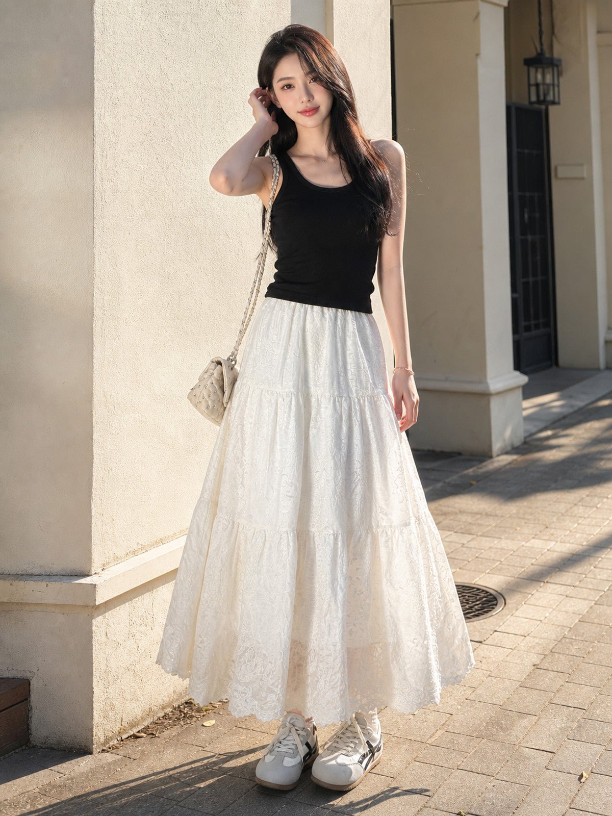 Long Women's Skirt with Tiered Floral Pattern main product view