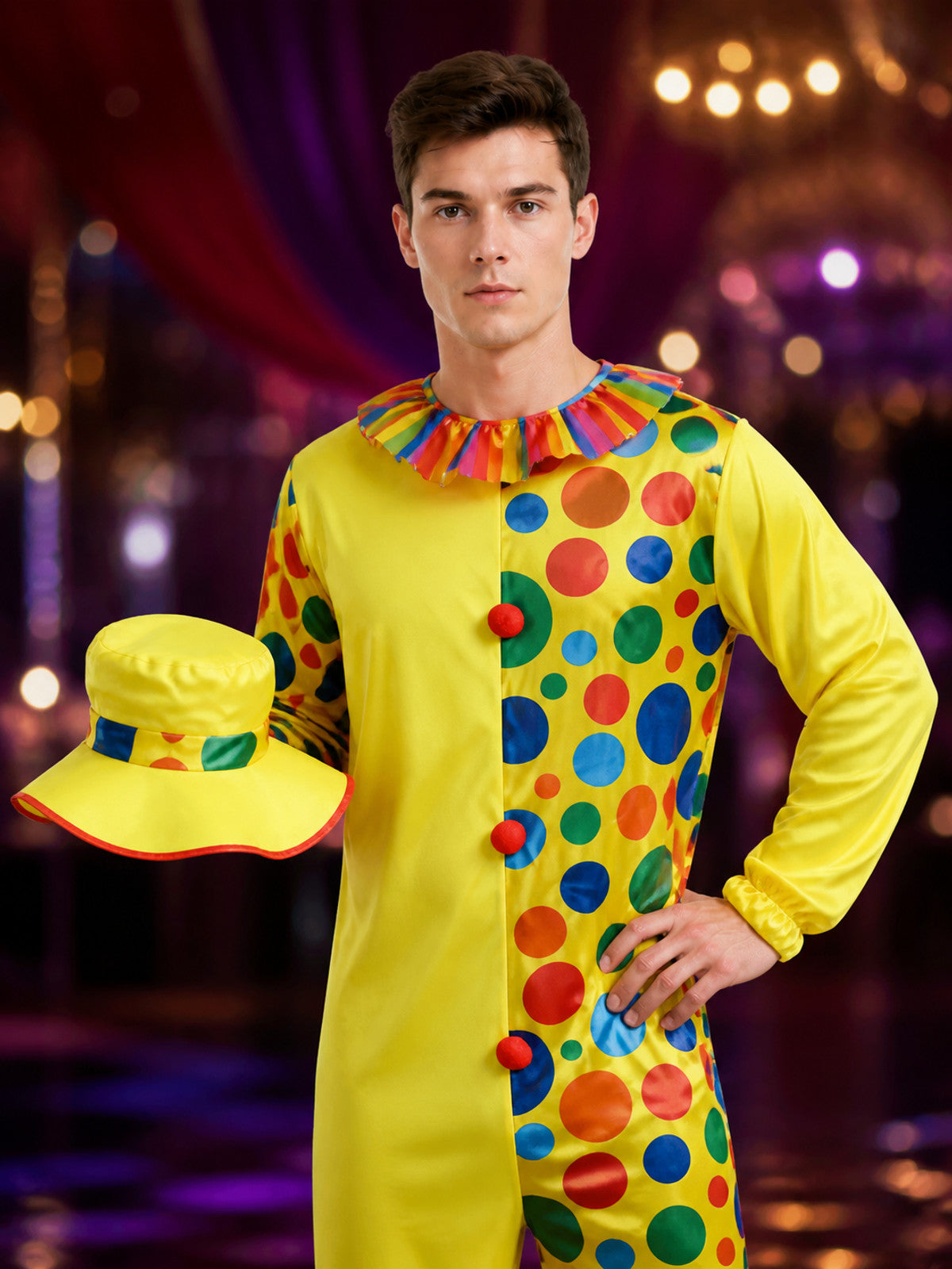 Adult Unisex Clown Costume Jumpsuit with Multicolor Polka Dots and Hat for on-model view