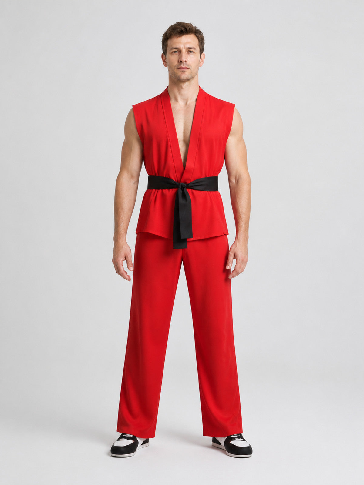 Ken Street Fighter Cosplay Costume: Top, Pants, Belt on-model view