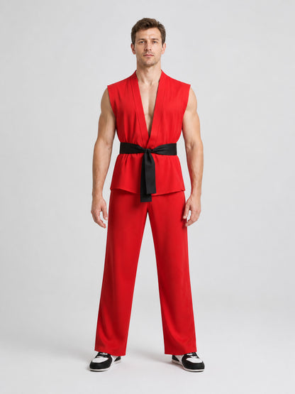 Ken Street Fighter Cosplay Costume: Top, Pants, Belt on-model view