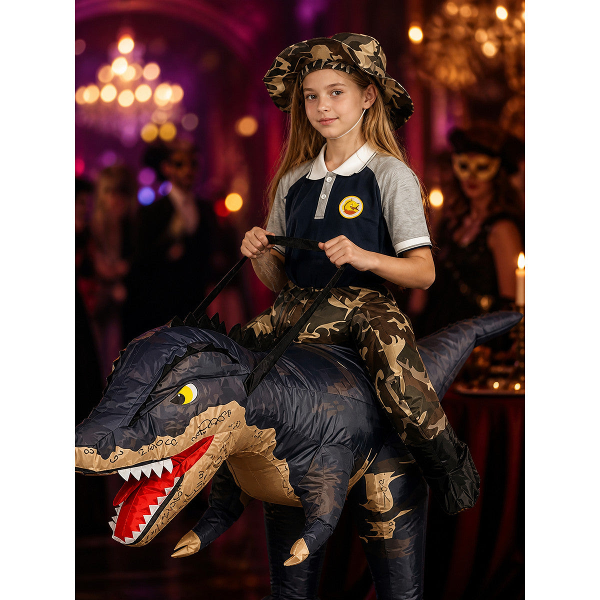 Ride-On Inflatable Dinosaur Costume With Camouflage Print on-model view