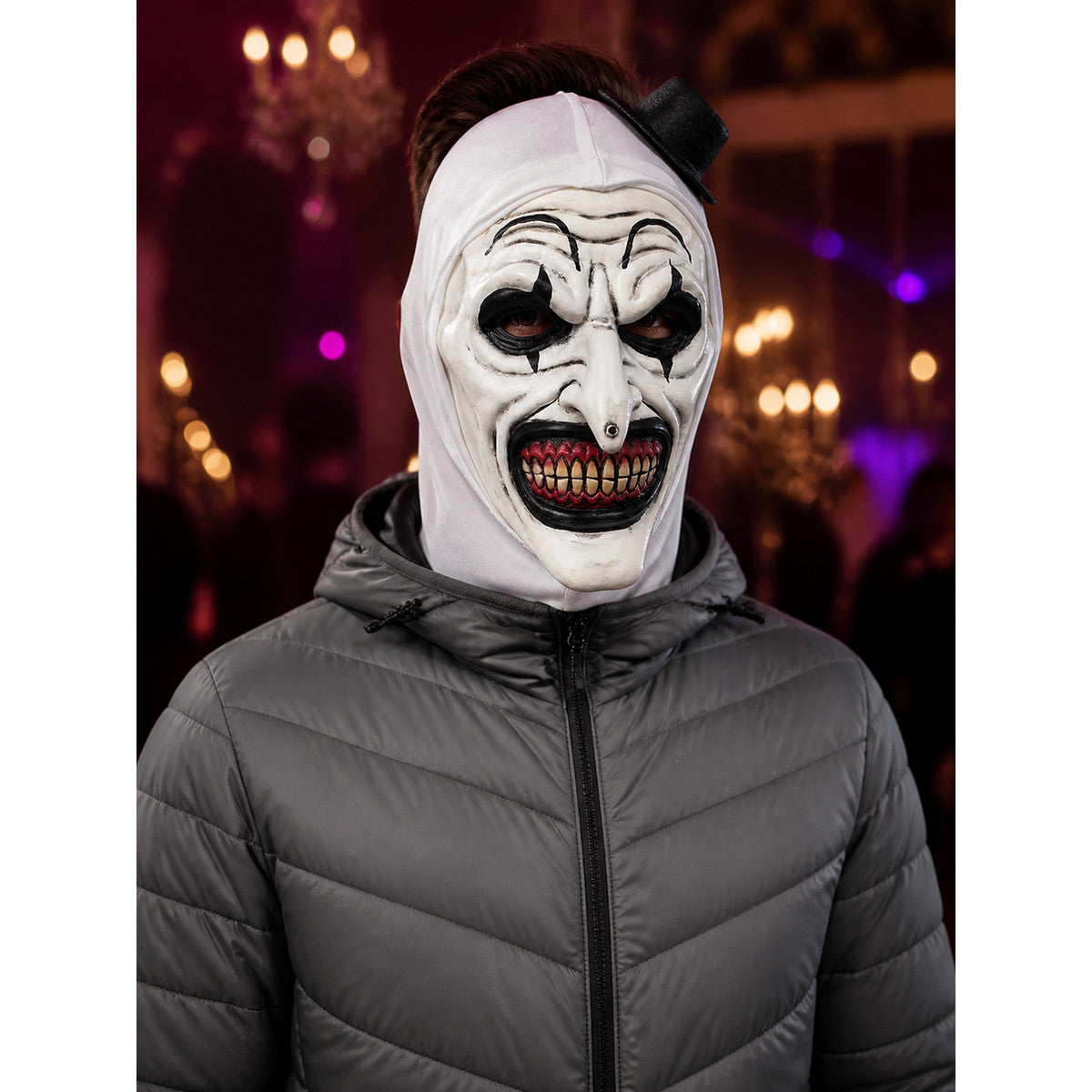 White Clown Full Face Mask with Top Hat and Sharp Teeth, Scary Halloween Costume on-model view